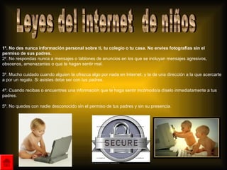 1º. No des nunca información personal sobre ti, tu colegio o tu casa. No envies fotografías sin el
permiso de sus padres.
2º. No respondas nunca a mensajes o tablones de anuncios en los que se incluyan mensajes agresivos,
obscenos, amenazantes o que te hagan sentir mal.

3º. Mucho cuidado cuando alguien te ofrezca algo por nada en Internet, y te de una dirección a la que acercarte
a por un regalo. Si asistes debe ser con tus padres.
                                                       .
4º. Cuando recibas o encuentres una información que te haga sentir incómodo/a díselo inmediatamente a tus
padres.

5º. No quedes con nadie desconocido sin el permiso de tus padres y sin su presencia.
 