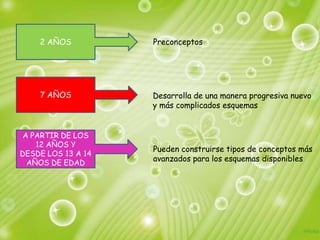 2 AÑOS          Preconceptos




    7 AÑOS          Desarrolla de una manera progresiva nuevo
                    y más complicados esquemas


 A PARTIR DE LOS
    12 AÑOS Y
                    Pueden construirse tipos de conceptos más
DESDE LOS 13 A 14
  AÑOS DE EDAD
                    avanzados para los esquemas disponibles
 