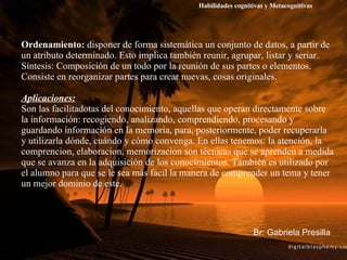Ordenamiento:  disponer de forma sistemática un conjunto de datos, a partir de un atributo determinado. Esto implica también reunir, agrupar, listar y seriar. Síntesis: Composición de un todo por la reunión de sus partes o elementos. Consiste en reorganizar partes para crear nuevas, cosas originales. Aplicaciones: Son las facilitadotas del conocimiento, aquellas que operan directamente sobre la información: recogiendo, analizando, comprendiendo, procesando y guardando información en la memoria, para, posteriormente, poder recuperarla y utilizarla dónde, cuándo y cómo convenga. En ellas tenemos: la atención, la comprencion, elaboracion, memorizacion son técnicas que se aprenden a medida que se avanza en la adquisición de los conocimientos. También es utilizado por el alumno para que se le sea más fácil la manera de comprender un tema y tener un mejor dominio de este. Br: Gabriela Presilla Habilidades cognitivas y Metacognitivas 