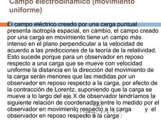 Campo electrodinámico (movimiento
    uniforme)
   El campo eléctrico creado por una carga puntual
    presenta isotropía espacial, en cambio, el campo creado
    por una carga en movimiento tiene un campo más
    intenso en el plano perpendicular a la velocidad de
    acuerdo a las predicciones de la teoría de la relatividad.
    Esto sucede porque para un observador en reposo
    respecto a una carga que se mueve con velocidad
    uniforme la distancia en la dirección del movimiento de
    la carga serán menores que las medidas por un
    observador en reposo respecto a la carga, por efecto de
    la contracción de Lorentz, suponiendo que la carga se
    mueve a lo largo del eje X de observador tendríamos la
    siguiente relación de coordenadas entre lo medido por el
    observador en movimiento respecto a la carga          y el
    observador en reposo respecto a la carga :
 