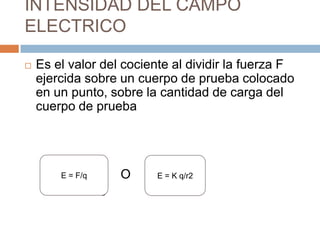 INTENSIDAD DEL CAMPO
ELECTRICO

   Es el valor del cociente al dividir la fuerza F
    ejercida sobre un cuerpo de prueba colocado
    en un punto, sobre la cantidad de carga del
    cuerpo de prueba




        E = F/q       O   E = K q/r2

                  o
 