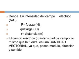    Donde E= intensidad del campo eléctrico
    (N/C)
            F= fuerza (N)
           q=Carga ( C)
            r= distancia (m)
   El campo eléctrico ( o intensidad de campo )lo
    mismo que la fuerza, es una CANTIDAD
    VECTORIAL, ya que, posee modulo, dirección
    y sentido
 
