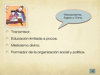 Mesopotamia,
                                Egipto y China




Transmisor.

Educación limitada a pocos.

Misticismo divino.

Formador de la organización social y política.
 