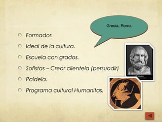 Grecia, Roma

Formador.

Ideal de la cultura.

Escuela con grados.

Sofistas – Crear clientela (persuadir)

Paideia.

Programa cultural Humanitas.
 
