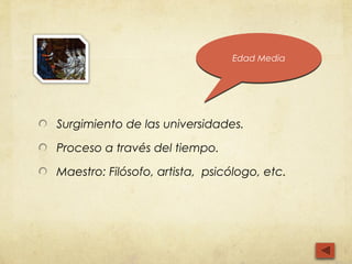 Edad Media




Surgimiento de las universidades.

Proceso a través del tiempo.

Maestro: Filósofo, artista, psicólogo, etc.
 