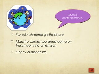 Mundo
                           contemporáneo.




Función docente polifacética.

Maestro contemporáneo como un
transmisor y no un emisor.

El ser y el deber ser.
 