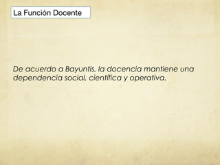 La Función Docente




De acuerdo a Bayuntis, la docencia mantiene una
dependencia social, científica y operativa.
 