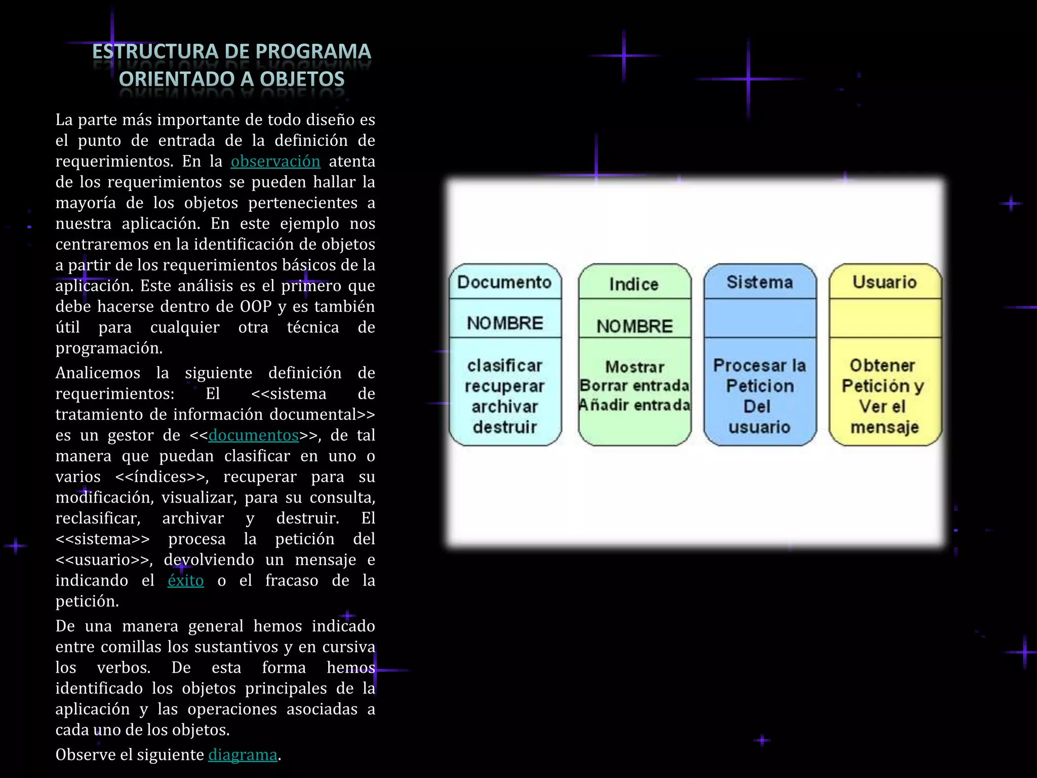 La parte más importante de todo diseño es
el punto de entrada de la definición de
requerimientos. En la observación atenta
de los requerimientos se pueden hallar la
mayoría de los objetos pertenecientes a
nuestra aplicación. En este ejemplo nos
centraremos en la identificación de objetos
a partir de los requerimientos básicos de la
aplicación. Este análisis es el primero que
debe hacerse dentro de OOP y es también
útil para cualquier otra técnica de
programación.
Analicemos la siguiente definición de
requerimientos:      El    <<sistema     de
tratamiento de información documental>>
es un gestor de <<documentos>>, de tal
manera que puedan clasificar en uno o
varios <<índices>>, recuperar para su
modificación, visualizar, para su consulta,
reclasificar, archivar y destruir. El
<<sistema>> procesa la petición del
<<usuario>>, devolviendo un mensaje e
indicando el éxito o el fracaso de la
petición.
De una manera general hemos indicado
entre comillas los sustantivos y en cursiva
los verbos. De esta forma hemos
identificado los objetos principales de la
aplicación y las operaciones asociadas a
cada uno de los objetos.
Observe el siguiente diagrama.
 