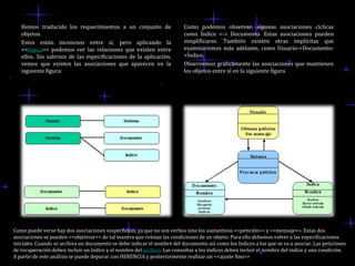 Hemos traducido los requerimientos a un conjunto de                   Como podemos observar, algunas asociaciones cíclicas
   objetos.                                                              como Índice <-> Documento. Estas asociaciones pueden
   Estos están inconexos entre sí, pero aplicando la                     simplificarse. También existen otras implícitas que
   <<lógica>> podemos ver las relaciones que existen entre               examinaremos más adelante, como Usuario->Documento-
   ellos. Sin salirnos de las especificaciones de la aplicación,         >Índice.
   vemos que existen las asociaciones que aparecen en la                 Observemos gráficamente las asociaciones que mantienen
   siguiente figura:                                                     los objetos entre sí en la siguiente figura




Como puede verse hay dos asociaciones sospechosas, ya que no son verbos sino los sustantivos <<petición>> y <<mensaje>>. Estas dos
asociaciones se pueden <<objetivar>> de tal manera que reúnan las condiciones de un objeto. Para ello debemos volver a las especificaciones
iniciales. Cuando se archiva un documento se debe indicar el nombre del documento así como los índices a los que se va a asociar. Las peticiones
de recuperación deben incluir un índice y el nombre del archivo. Las consultas a los índices deben incluir el nombre del indice y una condición.
A partir de este análisis se puede depurar con HERENCIA y posteriormente realizar un <<ajuste fino>>
 