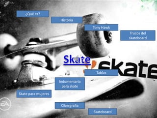 ¿Qué es?
                     Historia
                                    Tony Hawk
                                                  Trucos del
                                                 skateboard




                                     Tablas

                     Indumentaria
                       para skate
Skate para mujeres

                      Cibergrafia
                                    Skateboard
 