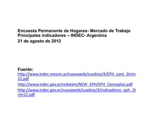 Encuesta Permanente de Hogares- Mercado de Trabajo
Principales indicadores – INDEC- Argentina
21 de agosto de 2012




Fuente:
http://www.indec.mecon.ar/nuevaweb/cuadros/4/EPH_cont_2trim
12.pdf
http://www.indec.gov.ar/redatam/NEW_EPH/EPH_Conceptos.pdf
http://www.indec.gov.ar/nuevaweb/cuadros/4/indicadores_eph_2t
rim12.pdf
 