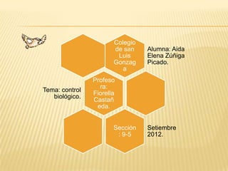 Colegio
                       de san    Alumna: Aida
                        Luis     Elena Zúñiga
                       Gonzag    Picado.
                          a
                Profeso
                  ra:
Tema: control
                Fiorella
   biológico.
                Castañ
                 eda.


                       Sección   Setiembre
                        : 9-5    2012.
 