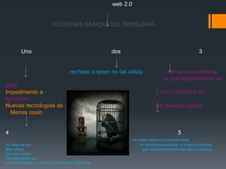 web 2.0


                           NOCIONES BÁSICAS DEL PROBLEMA



         Uno                                          dos                                                3


                                     rechazo a quien no las utiliza                menos conocimiento
                                                                                  ya que dependemos de
ellas
Impedimento a                                                                 y nos olvidamos de
aprender
Nuevas tecnologías de                                                         por nuestra cuenta
  Menos costo


4                                                                                           5
                                                                las redes tienen sus propias leyes
Se debe de ser                                                       en constante evolución y unas prioridades
Mas critico                                                           que resulta difícil entender para el usuario
Con los hechos
Difundíos pues es
Un medio masivo y podemos crear crisis colectivas
 