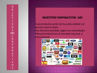 O
B
J
E
T Objetivos corporativos ABC
I
V •Los productos serán de muy alta calidad y el
O servicio será el mejor
S •Se ofrecerá variedad, según sus necesidades
ABC •Reconocimiento en el mercado nacional e
C internacional
O
R
P
O
R
A
T
I
V
O
S