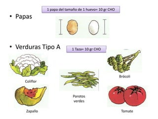 1 papa del tamaño de 1 huevo= 10 gr CHO
• Papas



• Verduras Tipo A             1 Taza= 10 gr CHO




                                                          Brócoli
     Coliflor


                              Porotos
                              verdes

     Zapallo                                               Tomate
 