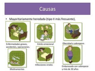 Causas
• Mayoritariamente heredada (tipo II más frecuente).




Enfermedades graves,         Estrés emocional    Obesidad o sobrepeso.
accidentes, operaciones.




                           Infecciones virales
                                                 Embarazado con sobrepeso
   Medicamentos                                  y más de 30 años
 