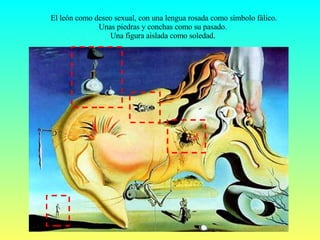 El león como deseo sexual, con una lengua rosada como símbolo fálico. Unas piedras y conchas como su pasado.  Una figura aislada como soledad.  