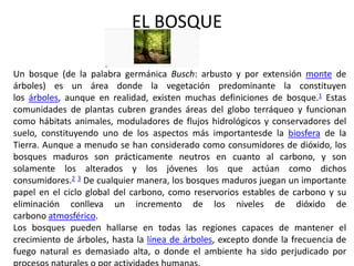 EL BOSQUE

Un bosque (de la palabra germánica Busch: arbusto y por extensión monte de
árboles) es un área donde la vegetación predominante la constituyen
los árboles, aunque en realidad, existen muchas definiciones de bosque.1 Estas
comunidades de plantas cubren grandes áreas del globo terráqueo y funcionan
como hábitats animales, moduladores de flujos hidrológicos y conservadores del
suelo, constituyendo uno de los aspectos más importantesde la biosfera de la
Tierra. Aunque a menudo se han considerado como consumidores de dióxido, los
bosques maduros son prácticamente neutros en cuanto al carbono, y son
solamente los alterados y los jóvenes los que actúan como dichos
consumidores.2 3 De cualquier manera, los bosques maduros juegan un importante
papel en el ciclo global del carbono, como reservorios estables de carbono y su
eliminación conlleva un incremento de los niveles de dióxido de
carbono atmosférico.
Los bosques pueden hallarse en todas las regiones capaces de mantener el
crecimiento de árboles, hasta la línea de árboles, excepto donde la frecuencia de
fuego natural es demasiado alta, o donde el ambiente ha sido perjudicado por
 
