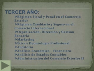 TERCER AÑO:
   Régimen Fiscal y Penal en el Comercio
   Exterior
   Régimen Cambiario y Seguro en el
   Comercio Internacional
   Organización, Dirección y Gestión
   Bancaria
   Marketing
   Ética y Deontología Profesional
   Auditoría
   Análisis Económico – Financiero
   Análisis de Estados Contables
   Administración del Comercio Exterior II
 