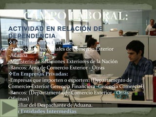 ACTIVIDAD EN RELACIÓN DE
DEPENDENCIA :
En Organismos Oficiales:
-Direcciones Provinciales de Comercio Exterior
-Aduana
-Ministerio de Relaciones Exteriores de la Nación
-Bancos: Área de Comercio Exterior - Otras
En Empresas Privadas:
-Empresas que importen o exporten: (Departamento de
Comercio Exterior Gerencia Financiera -Gerencia Comercial)
-Bancos: (Departamento de Comercio Exterior - Otras
Oficinas)
-Auxiliar del Despachante de Aduana.
En Entidades Intermedias
 