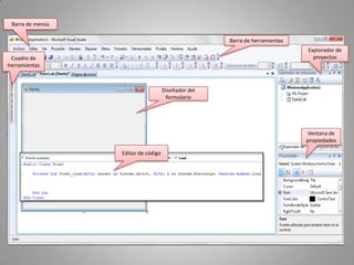 Barra de menús

                                                     Barra de herramientas
                                                                             Explorador de
 Cuadro de                                                                     proyectos
herramientas



                                     Diseñador del
                                      formulario




                                                                             Ventana de
                                                                             propiedades

                  Editor de código
 