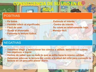 CONSECUENCIA DE SU USO EN EL
                    AULA
POSITIVAS
•   Es breve.                            . Estimula el interés.
•   Permite inferir el significado.       . Centro de interés.
•   Fácil de usar.                       . Su coste es relativamente bajo.
•   Gusta al alumnado.                  . Manejo fácil.
•   Fomenta la lectura lúdica.


NEGATIVAS

• Debemos elegir y seleccionar los cómics a utilizar, teniendo en cuenta
  los objetivos a lograr.
• Hemos de saber que no todo lo que se edita tiene la misma calidad.
• Debemos adecuar la lectura del cómic a la edad del niño para convertir la
  lectura en un pequeño placer diario.
 