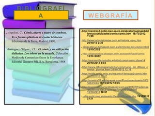 BIBLIOGRAFÍ
              A                                              WEBGRAFÍA

                                                       .http://centros1.pntic.mec.es/cp.miralvalle/paginas/bibl
. Angoloti, C,: Cómic, títeres y teatro de sombras.         ioteca/actividades/comic/comic.htm 18/10/2012
    Tres formas plásticas de contar historias.              11:20

    Ediciones de la Torre, Madrid, 1990.               .http://www.todohistorietas.com.ar/historia_eeuu.htm
                                                             20/10/12 2:30
                                                       . olgacatasus.blogspot.com.es/p/rincon-del-comic.html
. Rodríguez Diéguez, J.L.: El cómic y su utilización        18/10/2102
     didáctica. Los tebeos en la escuela. Colección    . http://olgacatasus.blogspot.com.es/search/label/comic
                                                             18/10 /2012
     Medios de Comunicación en la Enseñanza.
                                                       .http://marmotfishstudio.wikidot.com/comic:clase14
     Editorial Gustavo Pili. S.A. Barcelona, 1988           20/10/2012 3:03
                                                       .http://www.dibujosparapintar.com/curso_de_dibujo_c
                                                            omics_planos.html 20/10/2012 12:18
                                                       .http://roble.pntic.mec.es/msanto1/lengua/2comic.htm
                                                            20/10/2012 12:47
                                                       .http://comics20.wikispaces.com/Fundamentos+te%C3
                                                            %B3ricos 19/10/2012 18:35
                                                       .http://comicprimaria.blogspot.com.es/2012/01/ademas
                                                            -podemos-decir-que-en-funcion-del.html
                                                            19/10/2012 18:51
                                                       . roble.pntic.mec.es/msanto1/lengua/2comic.htm 19/10/2012
                                                            23:21
 