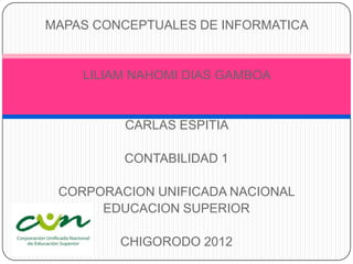 MAPAS CONCEPTUALES DE INFORMATICA


    LILIAM NAHOMI DIAS GAMBOA


          CARLAS ESPITIA

         CONTABILIDAD 1

 CORPORACION UNIFICADA NACIONAL
      EDUCACION SUPERIOR

         CHIGORODO 2012
 