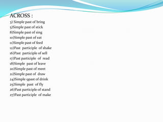 ACROSS :
3) Simple past of bring
5)Simple past of stick
8)Simple past of sing
10)Simple past of eat
11)Simple past of feed
12)Past participle of shake
16)Past participle of sell
17)Past participle of read
18)Simple past of leave
20)Simple past of meet
21)Simple past of draw
24)Simple 9past of drink
25)Simple past of fly
26)Past participle of stand
27)Past participle of make
 