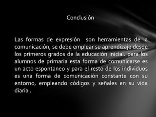 Conclusión


Las formas de expresión son herramientas de la
comunicación, se debe emplear su aprendizaje desde
los primeros grados de la educación inicial. para los
alumnos de primaria esta forma de comunicarse es
un acto espontaneo y para el resto de los individuos
es una forma de comunicación constante con su
entorno, empleando códigos y señales en su vida
diaria .
 