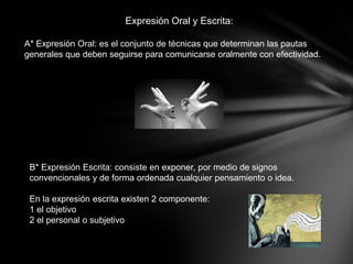 Expresión Oral y Escrita:

A* Expresión Oral: es el conjunto de técnicas que determinan las pautas
generales que deben seguirse para comunicarse oralmente con efectividad.




 B* Expresión Escrita: consiste en exponer, por medio de signos
 convencionales y de forma ordenada cualquier pensamiento o idea.

 En la expresión escrita existen 2 componente:
 1 el objetivo
 2 el personal o subjetivo
 