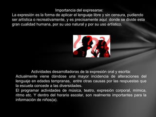 Importancia del expresarse:
La expresión es la forma de aplicar el lenguaje libre y sin censura, pudiendo
ser artística o recreativamente, y es precisamente aquí donde se divide esta
gran cualidad humana, por su uso natural y por su uso artístico.




           Actividades desarrolladoras de la expresión oral y escrita:
  Actualmente viene dándose una mayor incidencia de alteraciones del
  lenguaje en edades tempranas, entre otras causas por las respuestas que
  la escuela concede a las diversidades.
  El programar actividades de música, teatro, expresión corporal, mímica,
  ritmo etc. Y dentro del horario escolar, son realmente importantes para la
  información de niños(a).
 