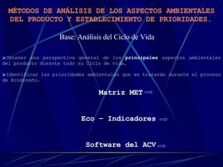 MÉTODOS DE ANÁLISIS DE LOS ASPECTOS AMBIENTALES DEL PRODUCTO Y ESTABLECIMIENTO DE PRIORIDADES.   Base: Análisis del Ciclo de Vida Obtener una perspectiva general de los  principales  aspectos ambientales del producto durante todo su Ciclo de vida. Identificar las prioridades ambientales que se tratarán durante el proceso de Ecodiseño.   Matriz MET Eco – Indicadores  Software del ACV 