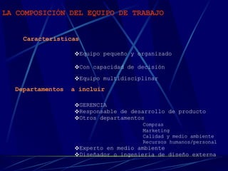 LA COMPOSICIÓN DEL EQUIPO DE TRABAJO   Características Departamentos  a incluir GERENCIA   Responsable de desarrollo de producto Otros departamentos Compras Marketing Calidad y medio ambiente Recursos humanos/personal Experto en medio ambiente Diseñador o ingenieria de diseño externa Equipo pequeño y organizado   Con capacidad de decisión   Equipo multidisciplinar   