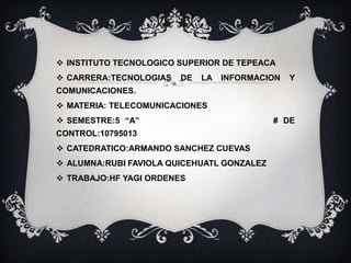  INSTITUTO TECNOLOGICO SUPERIOR DE TEPEACA
 CARRERA:TECNOLOGIAS   DE   LA   INFORMACION   Y
COMUNICACIONES.
 MATERIA: TELECOMUNICACIONES
 SEMESTRE:5 “A”                            # DE
CONTROL:10795013
 CATEDRATICO:ARMANDO SANCHEZ CUEVAS
 ALUMNA:RUBI FAVIOLA QUICEHUATL GONZALEZ
 TRABAJO:HF YAGI ORDENES
 