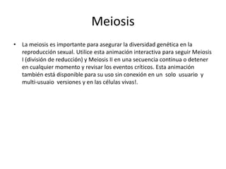 Meiosis
• La meiosis es importante para asegurar la diversidad genética en la
  reproducción sexual. Utilice esta animación interactiva para seguir Meiosis
  I (división de reducción) y Meiosis II en una secuencia continua o detener
  en cualquier momento y revisar los eventos críticos. Esta animación
  también está disponible para su uso sin conexión en un solo usuario y
  multi-usuaio versiones y en las células vivas!.
 