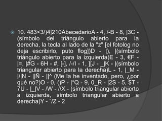   10. 483<3/)4|210AbecedarioA - 4, /-B - 8, |3C -
    (símbolo del triángulo abierto para la
    derecha, la tecla al lado de la "z" [el fotolog no
    deja escribirlo, puto flog])D - |), |(símbolo
    triángulo abierto para la izquierda)E - 3, €F -
    |=, |#G - 6H - #, [-], /-/I - 1, ][J - _|K - |(símbolo
    triangular abierto para la derecha)L - 1, |_M -
    |/|N - ||Ñ - ||^ (Me la he inventado, pero, ¿por
    qué no?)O - 0, ()P - |*Q - 9, 0_R - |2S - 5, $T -
    7U - |_|V - /W - //X - (símbolo triangular abierto
    a izquierda, símbolo triangular abierto a
    derecha)Y - `/Z - 2
 
