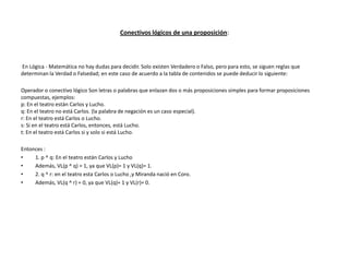 Conectivos lógicos de una proposición:



En Lógica - Matemática no hay dudas para decidir. Solo existen Verdadero o Falso, pero para esto, se siguen reglas que
determinan la Verdad o Falsedad; en este caso de acuerdo a la tabla de contenidos se puede deducir lo siguiente:

Operador o conectivo lógico Son letras o palabras que enlazan dos o más proposiciones simples para formar proposiciones
compuestas, ejemplos:
p: En el teatro están Carlos y Lucho.
q: En el teatro no está Carlos. (la palabra de negación es un caso especial).
r: En el teatro está Carlos o Lucho.
s: Si en el teatro está Carlos, entonces, está Lucho.
t: En el teatro está Carlos si y solo si está Lucho.

Entonces :
•    1. p ^ q: En el teatro están Carlos y Lucho
•    Además, VL(p ^ q) = 1, ya que VL(p)= 1 y VL(q)= 1.
•    2. q ^ r: en el teatro esta Carlos o Lucho ,y Miranda nació en Coro.
•    Además, VL(q ^ r) = 0, ya que VL(q)= 1 y VL(r)= 0.
 