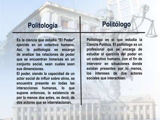 Es la ciencia que estudia "El Poder"      Politólogo es el que estudia la
ejercido en un colectivo humano.          Ciencia Política. El politólogo es un
Así, la politología se encarga            profesional que se encarga de
de analizar las relaciones de poder       estudiar el ejercicio del poder en
que se encuentran inmersas en un          un colectivo humano, con el fin de
conjunto social, sean cuales sean         intervenir en situaciones donde
sus dimensiones.                          existan presentes por lo menos,
El poder, siendo la capacidad de un       los intereses de dos actores
actor social de influir sobre otros, se   sociales que interactúan.
encuentra presente en todas las
interacciones humanas, lo que
supone entonces, la existencia de
por lo menos dos entes, es decir, de
dos actores que se interrelacionan.
 