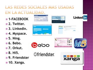  1-FACEBOOK
 2. Twitter.
 3. LinkedIn.
 4. Myspace.
 5. Ning.
 6. Bebo.
 7. Orkut.
 8. Hi5.
 9. Friendster
 10. Xanga.
 