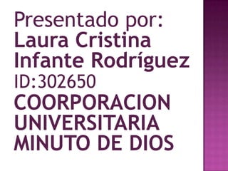 Presentado por:
Laura Cristina
Infante Rodríguez
ID:302650
COORPORACION
UNIVERSITARIA
MINUTO DE DIOS
 