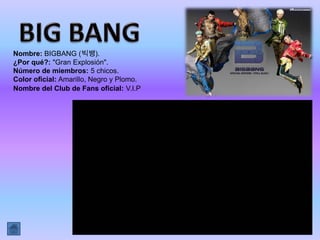 Nombre: BIGBANG (빅뱅).
¿Por qué?: "Gran Explosión".
Número de miembros: 5 chicos.
Color oficial: Amarillo, Negro y Plomo.
Nombre del Club de Fans oficial: V.I.P
 