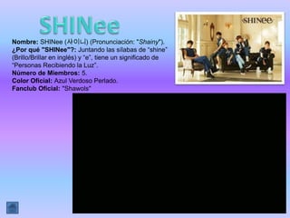 Nombre: SHINee (샤이니) (Pronunciación: "Shainy").
¿Por qué "SHINee"?: Juntando las sílabas de “shine”
(Brillo/Brillar en inglés) y “e”, tiene un significado de
“Personas Recibiendo la Luz”.
Número de Miembros: 5.
Color Oficial: Azul Verdoso Perlado.
Fanclub Oficial: "Shawols"
 