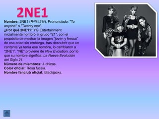 Nombre: 2NE1 (투애니원). Pronunciado: "To
anyone" o "Twenty one".
¿Por qué 2NE1?: YG Entertainment
inicialmente nombró al grupo "21", con el
propósito de mostrar la imagen “joven y fresca”
de esa edad sin embargo, tras descubrir que un
cantante ya tenía ese nombre, lo cambiaron a
“2NE1”. "NE" proviene de New Evolution, por lo
que su nombre significa: La Nueva Evolución
del Siglo 21.
Número de miembros: 4 chicas.
Color oficial: Rosa fucsia.
Nombre fanclub oficial: Blackjacks.
 