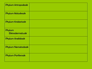 Phylum Poriferoak Phylum Nematodoak Phylum Anelidoak Phylum Ekinodermatuak Phylum Knidarioak Phylum Moluskoak Phylum Artropodoak 
