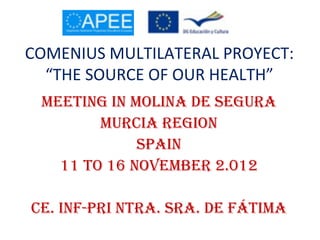 COMENIUS MULTILATERAL PROYECT:
  “THE SOURCE OF OUR HEALTH”
 MEETING IN MOLINA DE SEGURA
        MURCIA REGION
             SPAIN
   11 TO 16 NOVEMBER 2.012

CE. INF-PRI NTRA. SRA. DE FÁTIMA
 