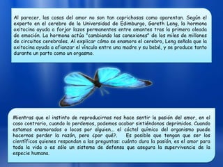 Al parecer, las cosas del amor no son tan caprichosas como aparentan. Según el
experto en el cerebro de la Universidad de Edimburgo, Gareth Leng, la hormona
oxitocina ayuda a forjar lazos permanentes entre amantes tras la primera oleada
de emoción. La hormona actúa "cambiando las conexiones" de los miles de millones
de circuitos cerebrales. Al explicar cómo se enamora el cerebro, Leng señala que la
oxitocina ayuda a afianzar el vínculo entre una madre y su bebé, y se produce tanto
durante un parto como un orgasmo.




Mientras que el instinto de reproducirnos nos hace sentir la pasión del amor, en el
caso contrario, cuando lo perdemos, podemos acabar sintiéndonos deprimidos. Cuando
estamos enamorados o locos por alguien... el cóctel químico del organismo puede
hacernos perder la razón, pero ¿por qué?.        Es posible que tengan que ser los
científicos quienes respondan a las preguntas: cuánto dura la pasión, es el amor para
toda la vida o es sólo un sistema de defensa que asegura la supervivencia de la
especie humana.
 
