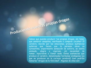 Sabes que puedes producir tus propias drogas, sin tener
que sembrar amapolas, marihuana o comprar cocaína? El
cerebro, movido por las emociones, produce sustancias
químicas que hacen que la persona eleve su
autoestima, experimente sensación de euforia, se sienta
animada, alegre y vigorosa, sin necesidad de
tomar, inyectarse o fumar nada. Estas sustancias que
produce el cerebro, denominadas hormonas endógenas (ya
que se producen en la corteza cerebral) bien podrían
llamarse "drogas de la felicidad". Algunas de ellas son:
 
