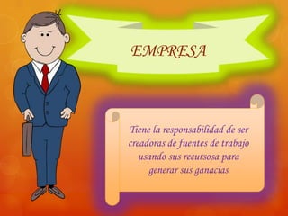 EMPRESA



Tiene la responsabilidad de ser
creadoras de fuentes de trabajo
   usando sus recursosa para
     generar sus ganacias
 