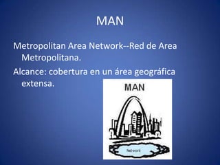 MAN
Metropolitan Area Network--Red de Area
  Metropolitana.
Alcance: cobertura en un área geográfica
  extensa.
 